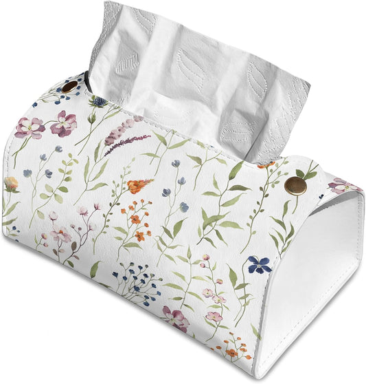Watercolor Wildflowers Tissue Box Cover Holder – Rectangular Tissue Organizer, Decorative Napkin Box Case for Home, Office & Car