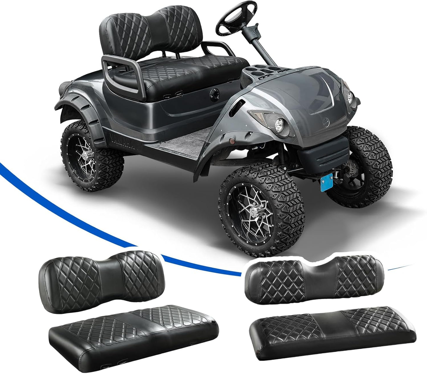 NOKINS 4PCS Golf Cart Seat Covers Kit, Front and Rear Seat Covers Fits YAMAHA/G29/Drive2 Standard Seat Cushion, Yamaha Vinyl Diamond Replacement Seat Covers, No Stapler(Black&Black Stitch)