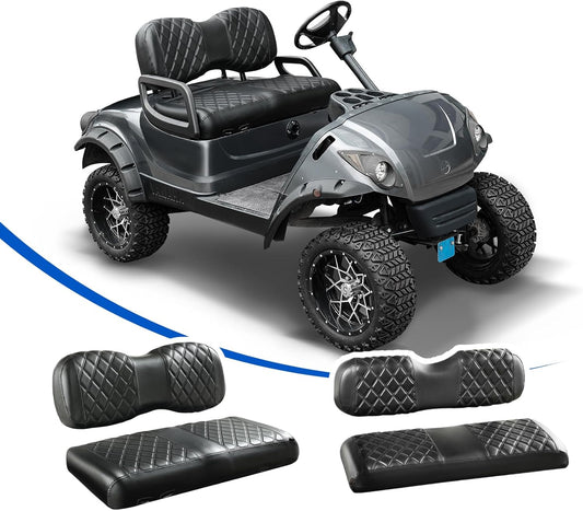 NOKINS 4PCS Golf Cart Seat Covers Kit, Front and Rear Seat Covers Fits YAMAHA/G29/Drive2 Standard Seat Cushion, Yamaha Vinyl Diamond Replacement Seat Covers, No Stapler(Black&Black Stitch)