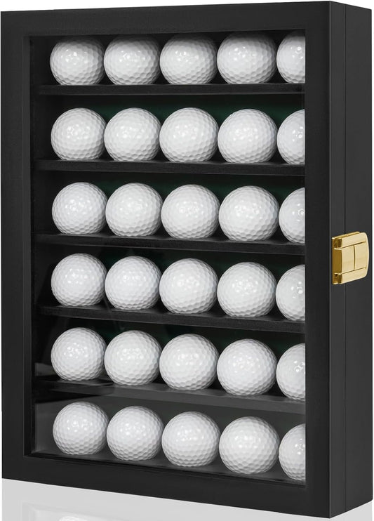 Golf Ball Display Case, Solid Wood Golf Ball Holder, Wall Mounted Golf Ball Rack with Acrylic Door for Golf Enthusiasts (Black, for 30 Golf Balls)