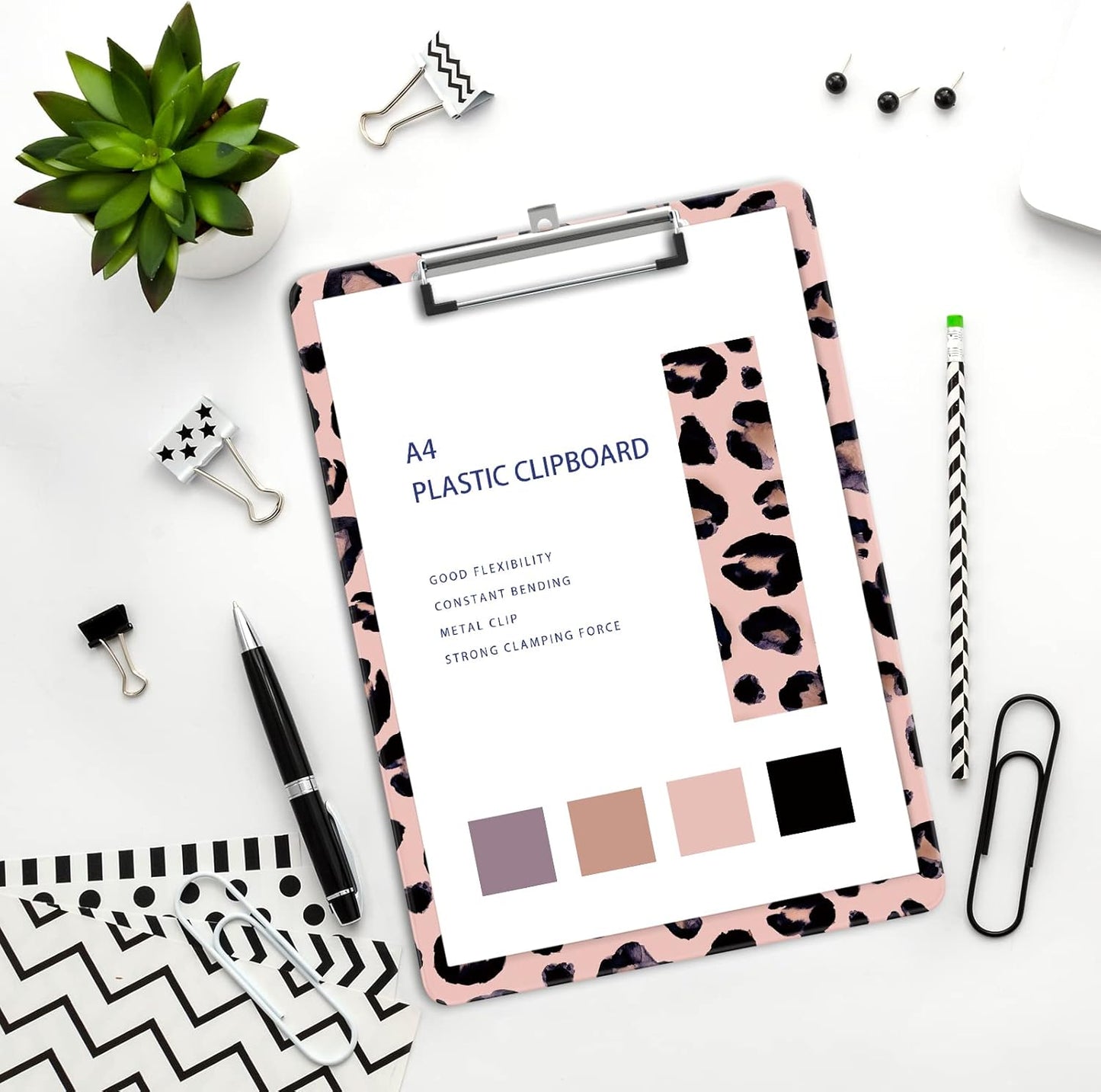 Plastic A4 Clipboards, Cute Clip Board Stardard Letter Size 9 x 12.5 in, Office Decorative for Students Women Men and Kids, Leopard