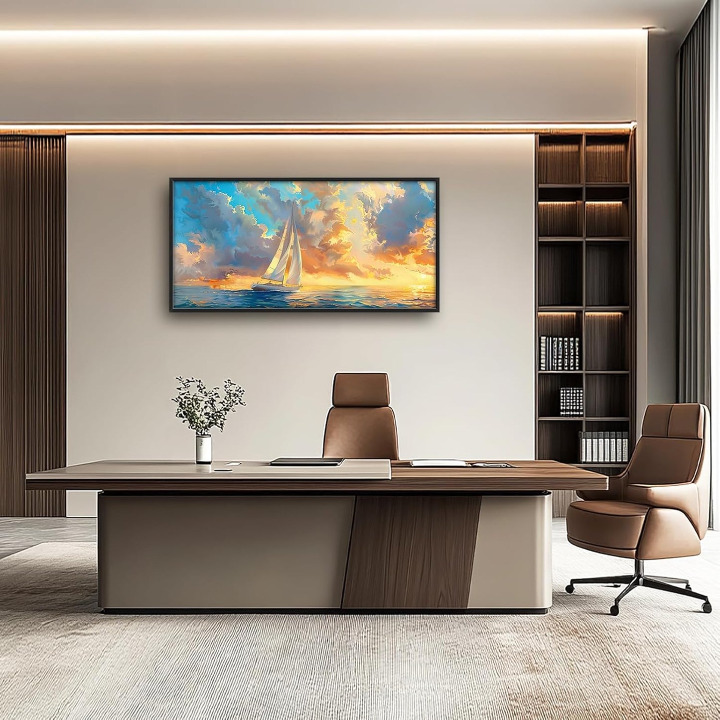 Large Ocean Sailboat Framed Wall Art for Living Room Blue Coastal Pictures Wall Decor Ocean Canvas Print Painting Artwork Modern Home Decorations for Living Room Bedroom Office 60x30 inch