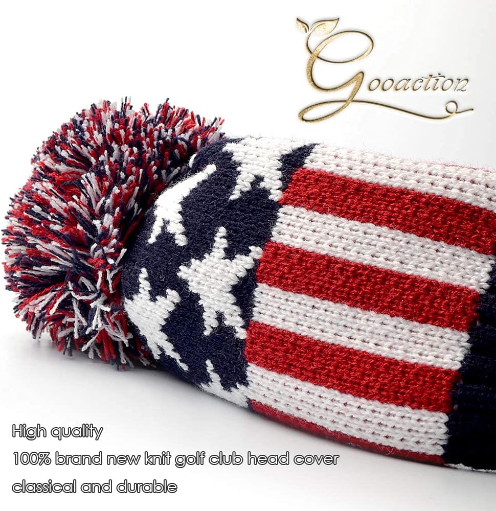 GOOACTION 3PCS Knitted Golf Head Covers 1-3-5 for Driver and Fairway Woods with Long Neck Design Vintage Red Stars and Stripes American Flag Sock Pom Pom Golf Club Patriotic Headcovers Set