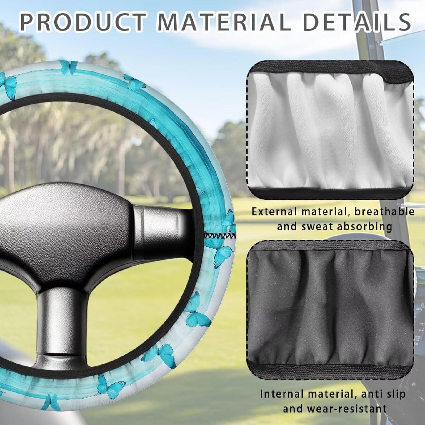 Blue Butterfly Golf Cart Steering Wheel Cover Tropical Beach Stretchable Anti-Slip 13-14 Inch Golf Cart Steering Wheel Covers, Breathable Club Car Accessories Universal Fit