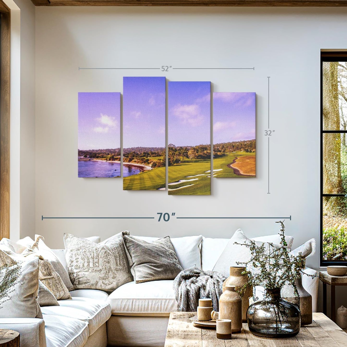 Elephant Stock Coastline Green Golf Course Wall Art - Horizontal Canvas - 4-Piece Living Room Wall Decor - Photography Sports Canvas Print - Blue and Gray Decor for Wall - 52" X 32"