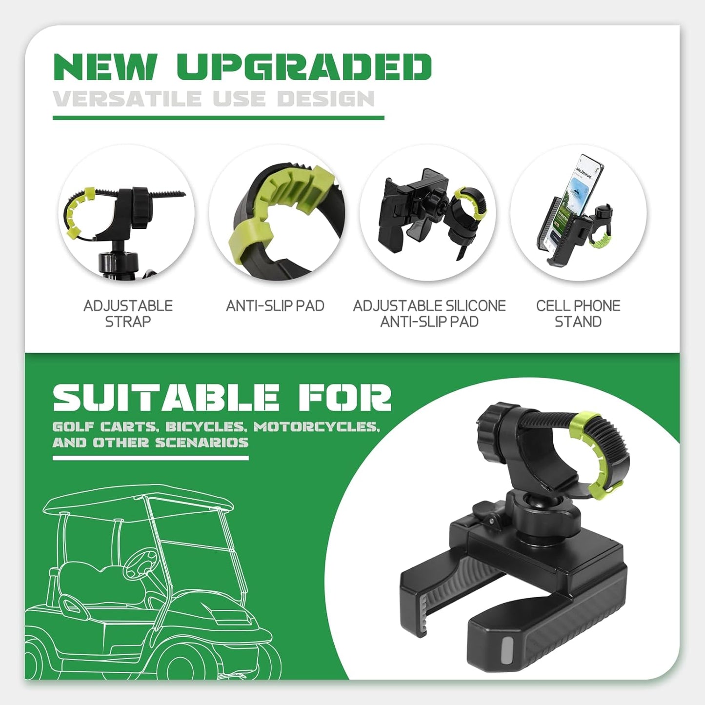 Golf Cart Phone Holder for EZGO Club Car Yamaha, Widely Use for Golf Push Cart Motorcycle Bike Treadmill Scooter Phone Mount, Compatible with iPhone/Samsung/Pixel All Phones, Golf Cart Accessories