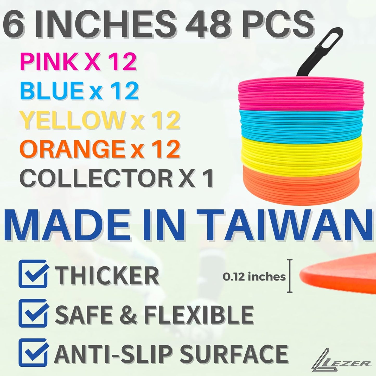 LEZER 6 Inch 8 Inch Flat Cones, Spot Markers, Soccer Cones, Field Court Markers, Sit Spots, Flat Discs, Soccer Training Equipment, Agility Practice, Football, Made in Taiwan