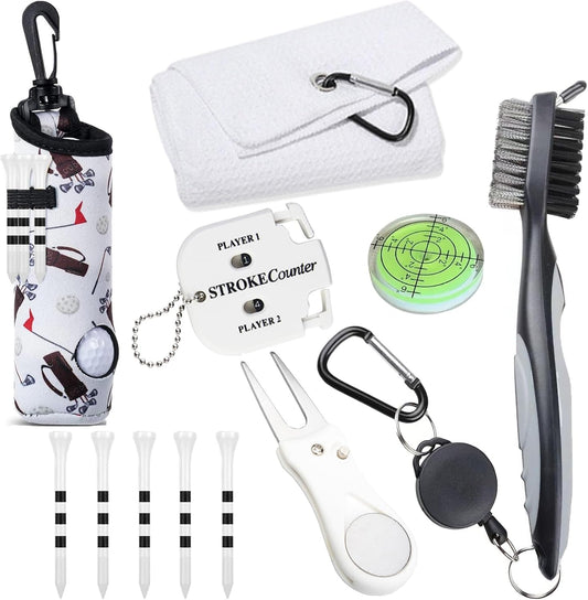 11 Pcs Golf Accessories Kit, Include Golf Tees Golf Towel Golf Ball Bag with Hook Cleaner Brush Golf Ball Marker Golf Divot Tool Golf Score Counter