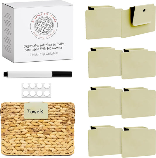 Labels for Storage Bins | Metal Storage Bin Clips (2.5” x 3.5”) - Set of 8 Basket Clip On Tags for Storage Bins w/Non-Slip Grip Pads & Dry Erase Marker - Removable Bin Labels for Storage Baskets