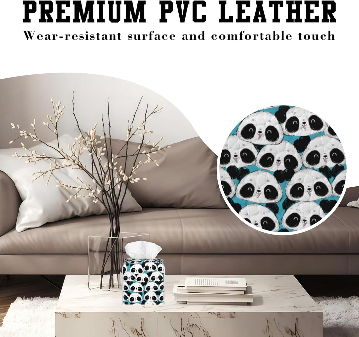 Cute Panda Tissue Box Cover Square, Tissue Box Holder Leather Facial Paper Case Decorative Organizer Holder Dispenser Home Office Car Decor