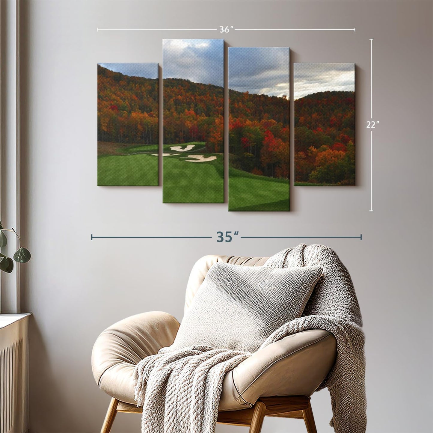Elephant Stock Autumn Golf Course Wall Art - Horizontal Canvas - 4-Piece Living Room Wall Decor - Photography Sports Canvas Print - Blue and Orange Decor for Wall - 36" X 22"
