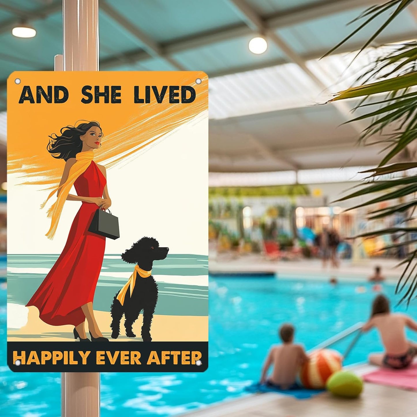 Vintage Tin Sign Metal Poster Plaque Poodle Girl and She Lived Happily Ever After Dog Metal Sign Iron Painting Retro Wall Decor Poster for Home Hotel Cafes 8x12 Inch