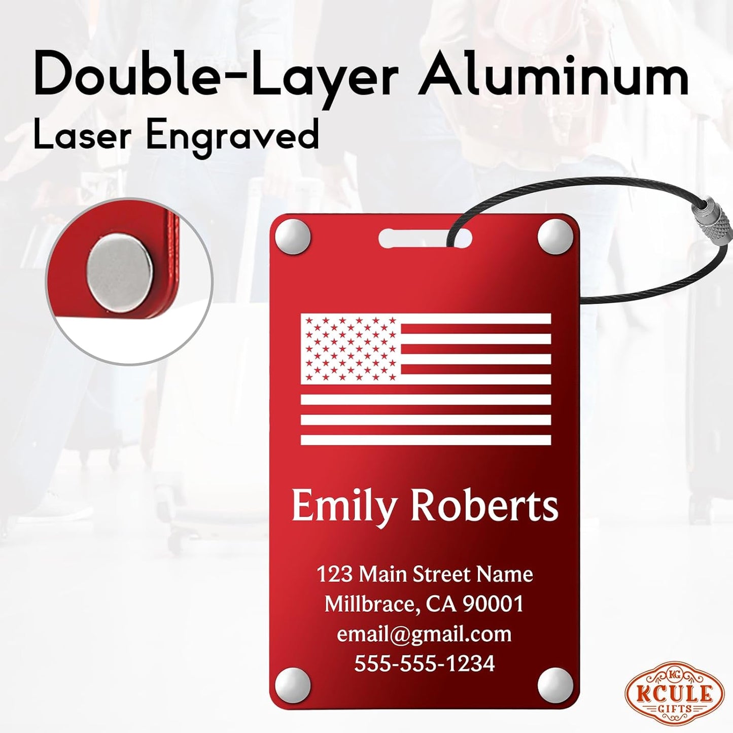 Personalized Luggage Tags: Custom Metal Luggage Tags for Suitcases, Backpacks and Bags with Your Personalized Text (Red)