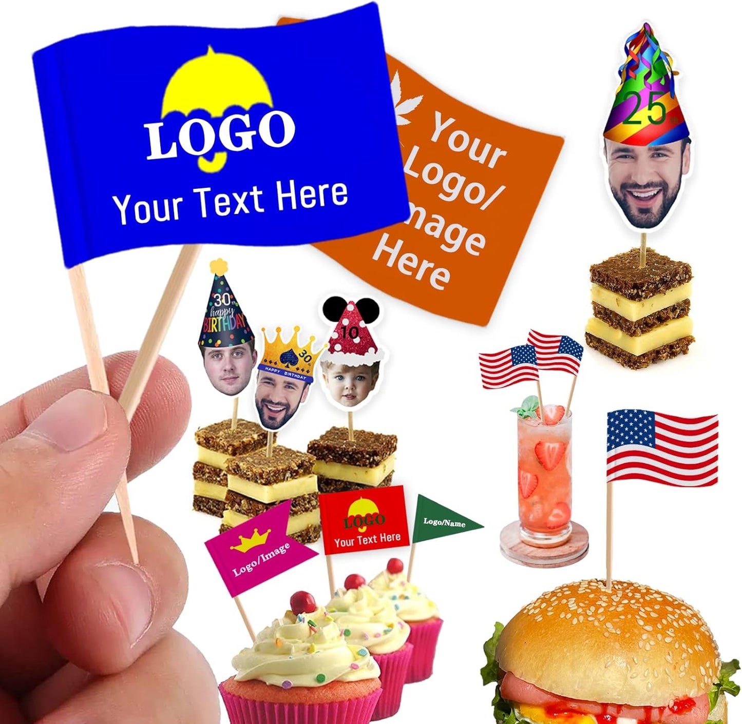 Custom Toothpick Flags with Logo/Photo 100Pcs, Personalized Cheese Markers for Hamburger Cupcakes Toppers Party Decoration Food Labeling -Fluttering