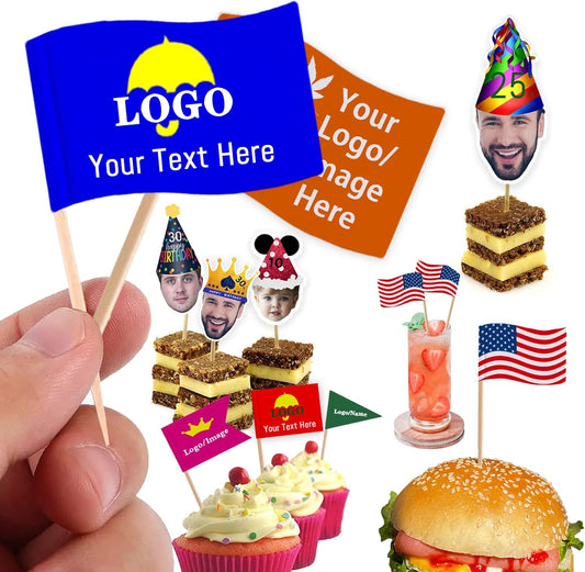 Custom Toothpick Flags with Logo/Photo 100Pcs, Personalized Cheese Markers for Hamburger Cupcakes Toppers Party Decoration Food Labeling -Fluttering