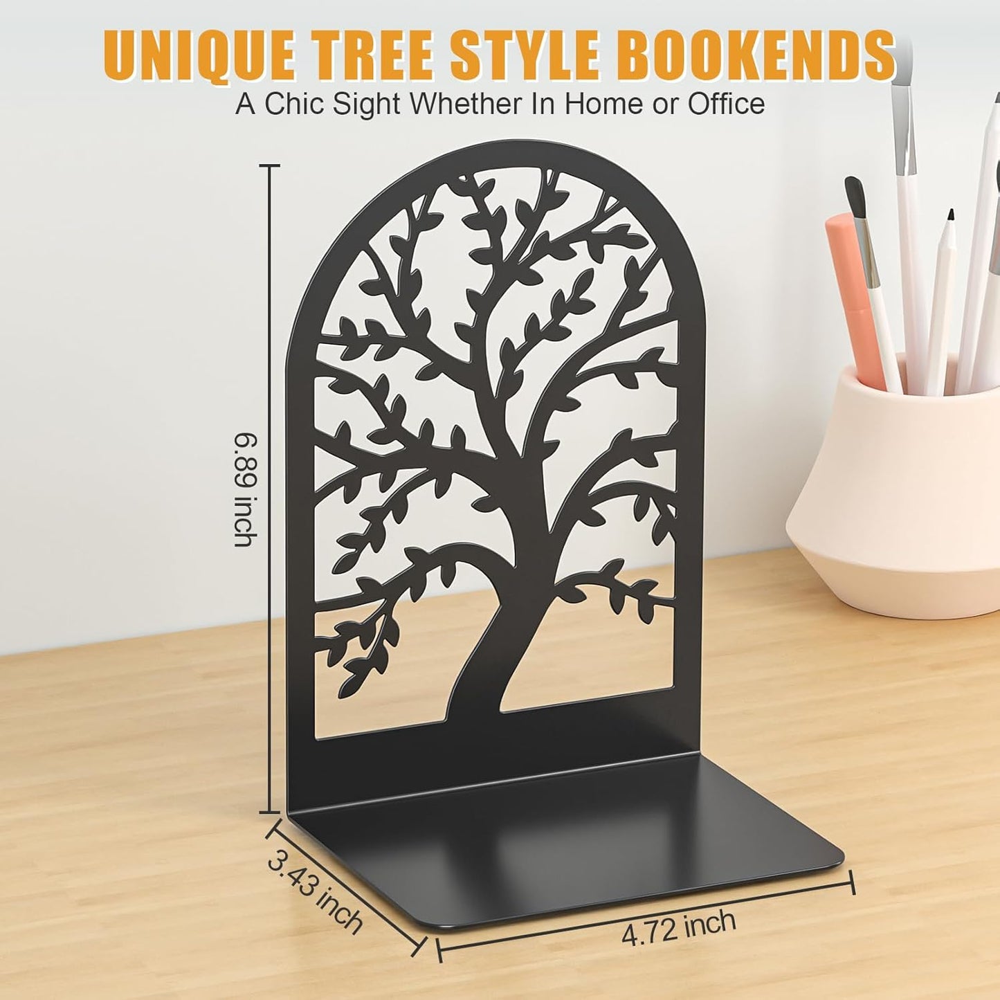 VFINE Decorative Bookends 3 Pairs, Tree Metal Bookends, Unique Black Book Ends to Hold Books, Book Holder for Heavy Books, Home Decorative Book Stoppers for Shelves (6 Pieces)