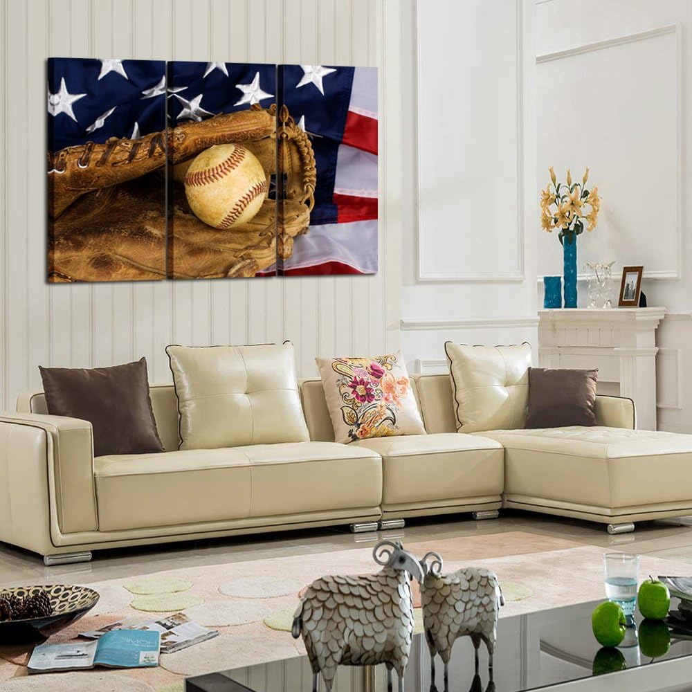 KREATIVE ARTS - Large 3 Pieces Canvas Prints Wall Art Baseball and American Flag Poster Sports Picture Printed On Canvas Stretched and Framed Artwork Gift for Home Living Room Decor 16x32inchx3pcs