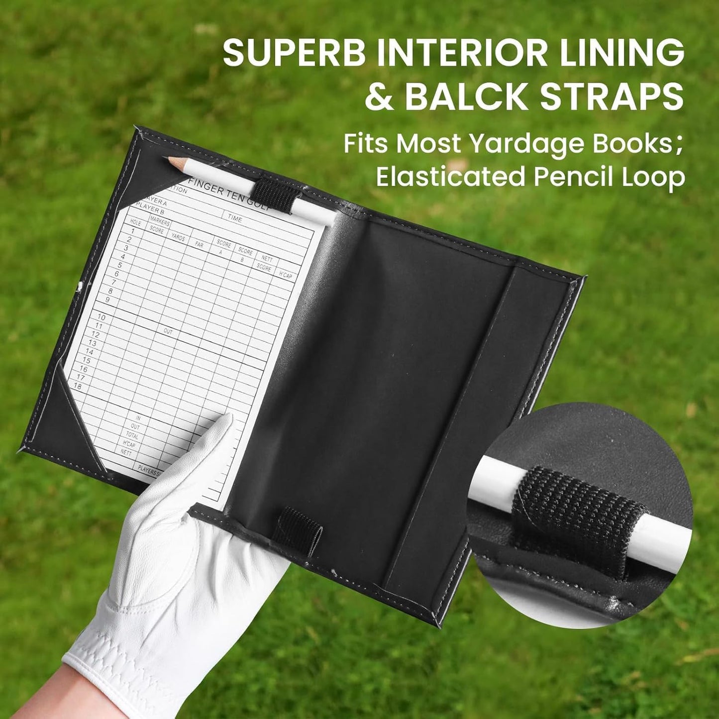FINGER TEN Golf Scorecard Holder Leather Yardage Books Cover Lucky Clover with 2 Free Pencil Value Pack Deluxe Pocket Score Card Covers Gift for Men Women Golfer