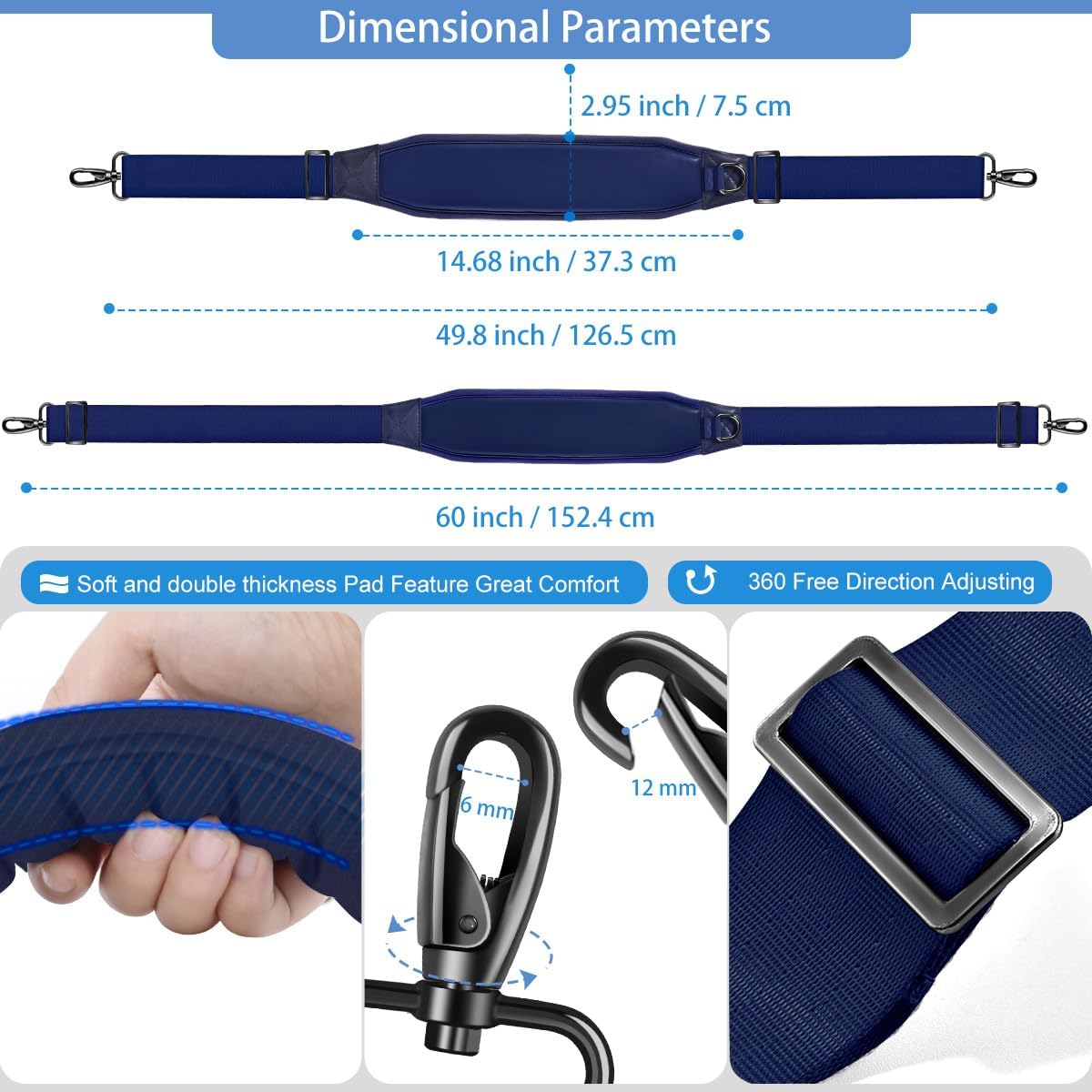 ZINZ Fixed Pad Bag Strap 60 inch Belt with Cushion Breathable Pad,Durable Strap with Double Adjustable Buckle and Metal Hooks