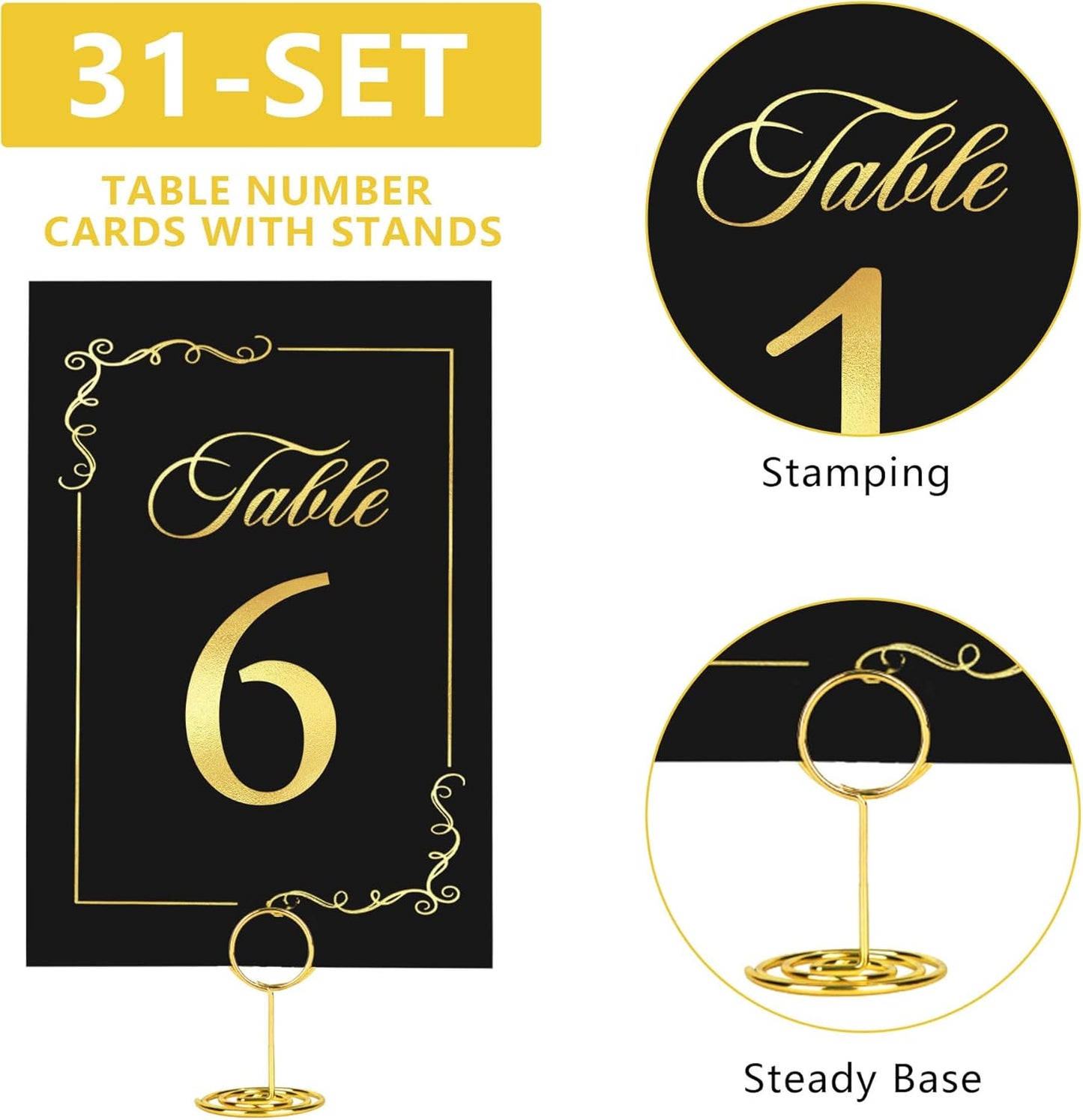 31 Sets Wedding Table Number 1-30 and Head Table Card with 31 Pcs Round Table Number Holders, Black Gold Table Number Cards with Place Card Holders, 4" X 6" Table Numbers Card for Wedding Reception