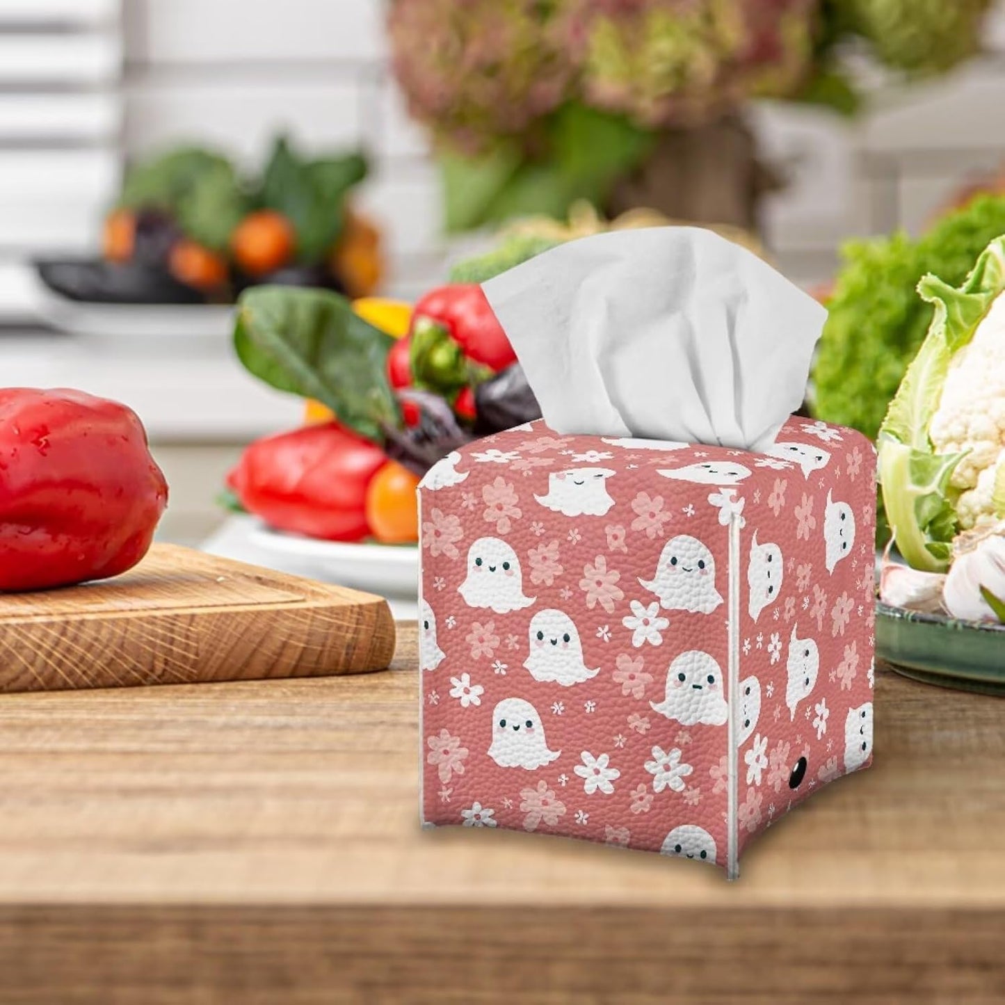 Halloween Cute Ghost Flowers Tissue Box Cover Square 5x5x5 with Bottom Belt Refillable Soft PU Leather Tissue Cover Decorative Organizer Indoor Decorations for Night Stands