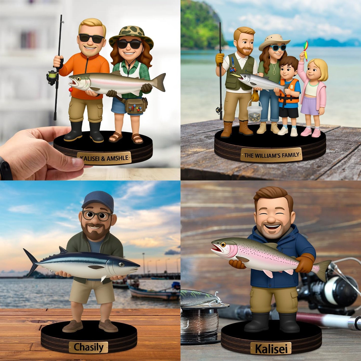 Personalized Fishing Cartoon Photo Sculpture Ornament Custom Name 2D Acrylic Desk Photo Fisherman Figurine Decor Sign Gift for Family Couple Dad Husband Fishing Lover Birthday Xmas (Style 1)
