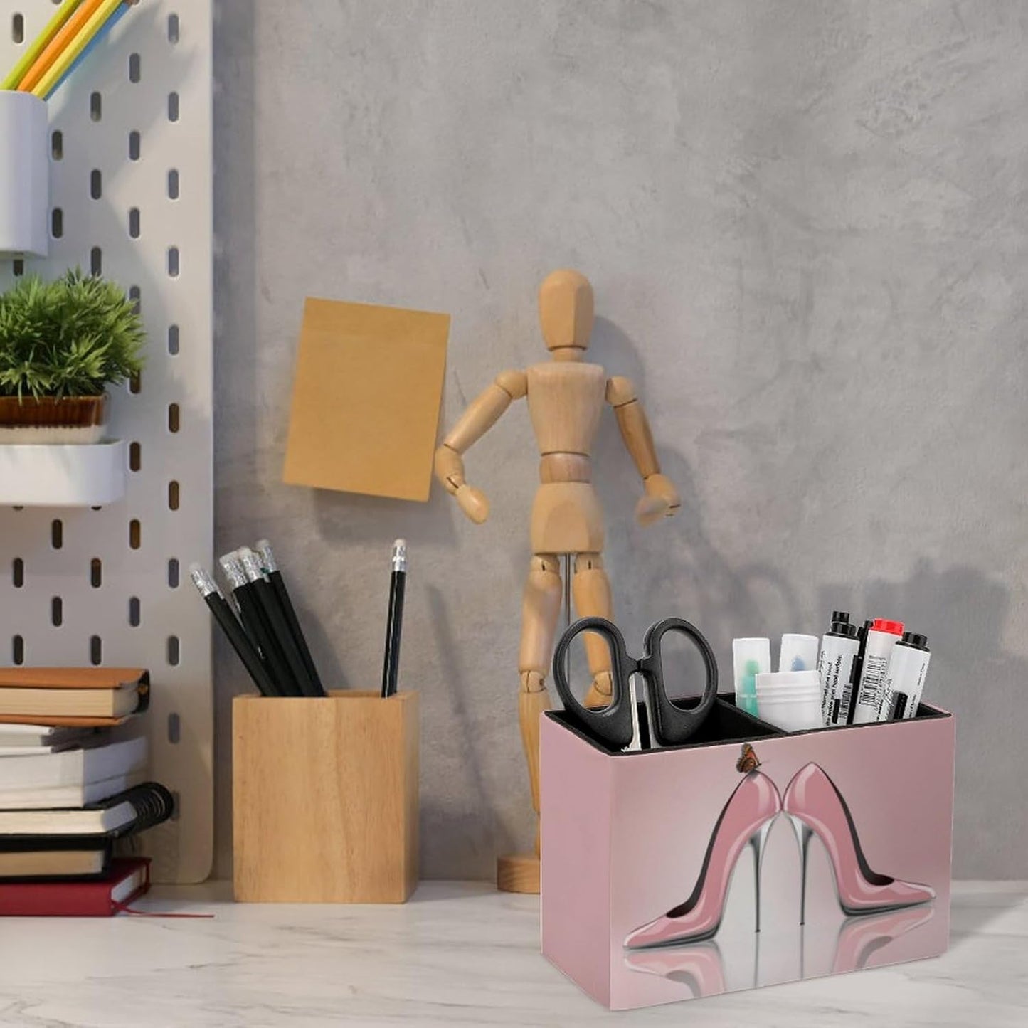 Pen Holder, Pencil Holder for Desk Organizer, Pink High Heel Shoes Butterfly PU Leather Pencil Cups Desktop Stationery Storage Makeup Brush Holder Pen Organizer for Office Home