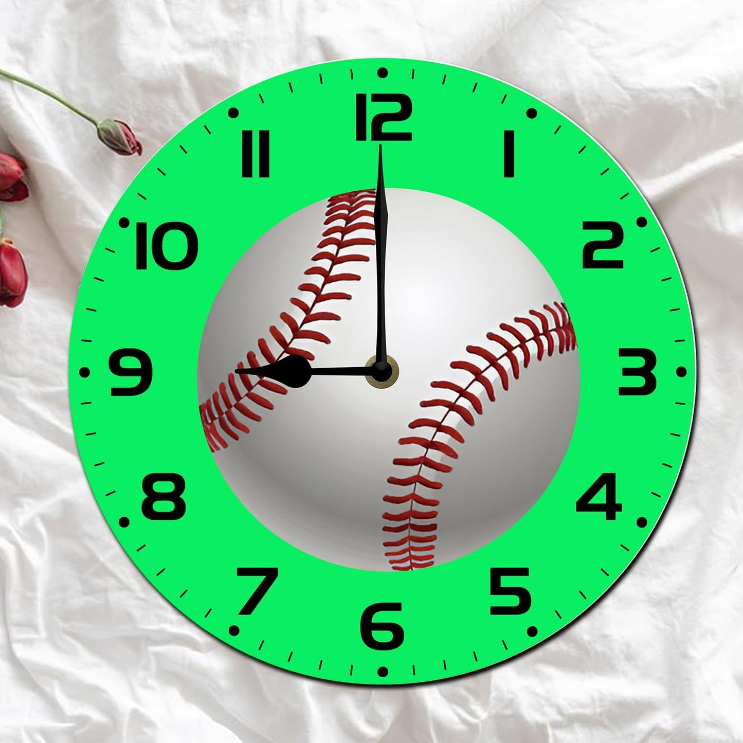 Soliyoahee Baseball Clock Round Wooden Wall Clock Home Decor Silent No Tick Battery Powered for Living Room Bedroom Kitchen Bathroom 10inch