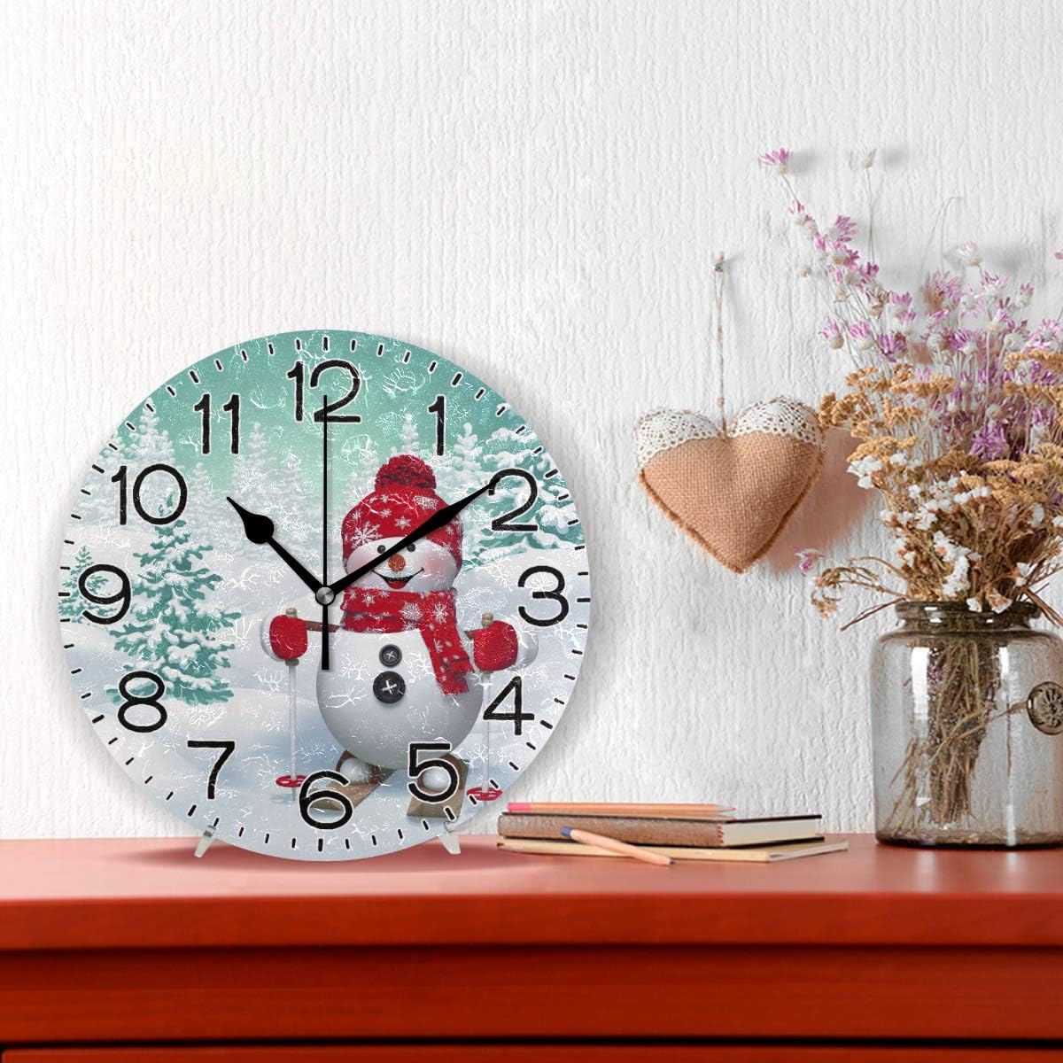 Funny Snowman Skiing Wall Clock Battery Operated Non Ticking Silent Quartz Analog Rustic Farmhouse Round Clock Retro Decor for Home Kitchen Living Room Bathroom