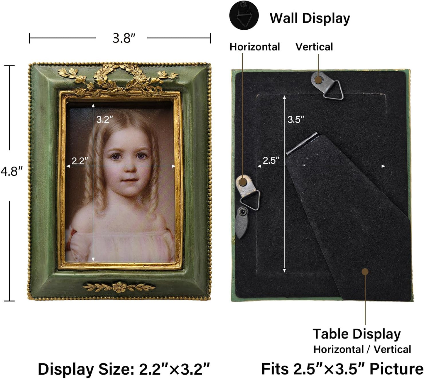 SYLVIA'S SHOP 2.5x3.5 Small Vintage Picture Frame, Mini Antique Ornate Photo Frame, for Tabletop and Wall Display, Retro Home Decor, Old Fashioned Photo Gallery Art, Green