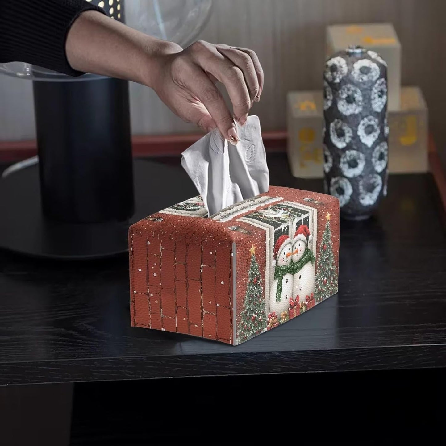 Christmas Cute Tissue Box Cover Snowman Tissue Box Rectangle Soft Leather Tissue Box with Bottom Belt for Table Desk Countertop Decorations for Home