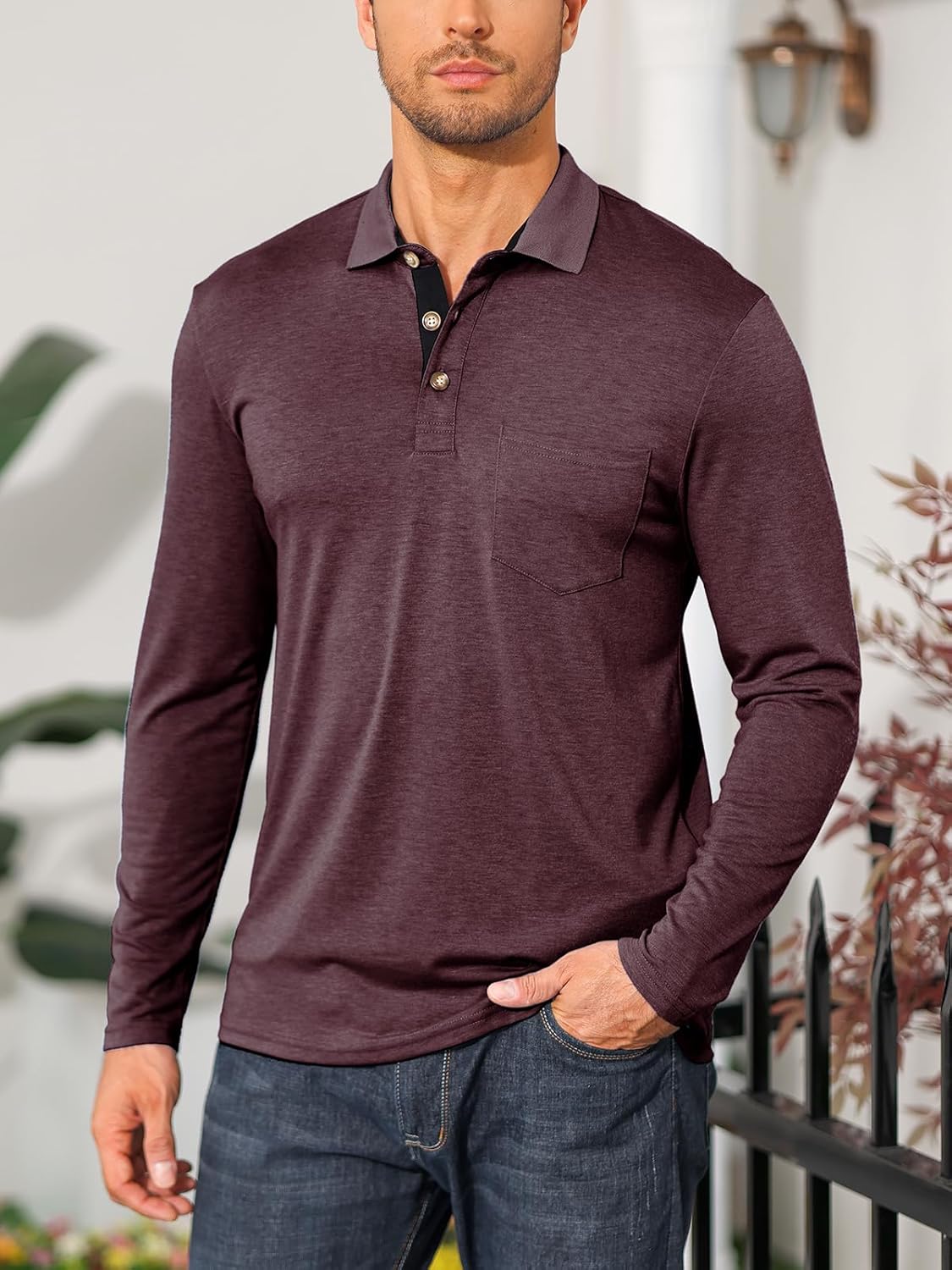 Mens Long Sleeve Polo Shirts Casual Moisture Wicking Golf Polo Shirts with Pocket