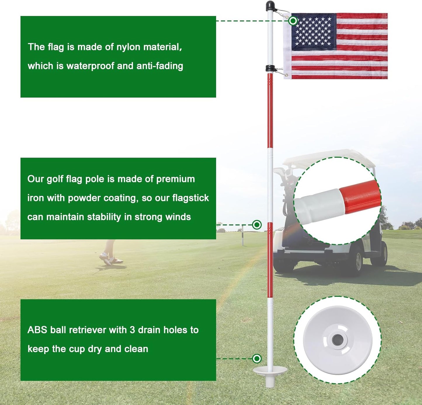 Golf Flagstick 6ft, Double-Side American Flag for Putting Green, Portable 5-Section Design for Backyard Practice, Golf Pin USA Flag for Driving Range