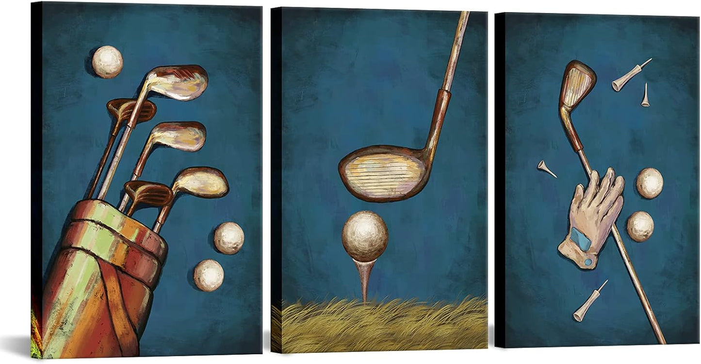 FuShvre 3 Pieces Golf Canvas Artwork Golf Sport Wall Art Set for Modern Home Game Room Playroom Club Wall Decor Stretched and Framed