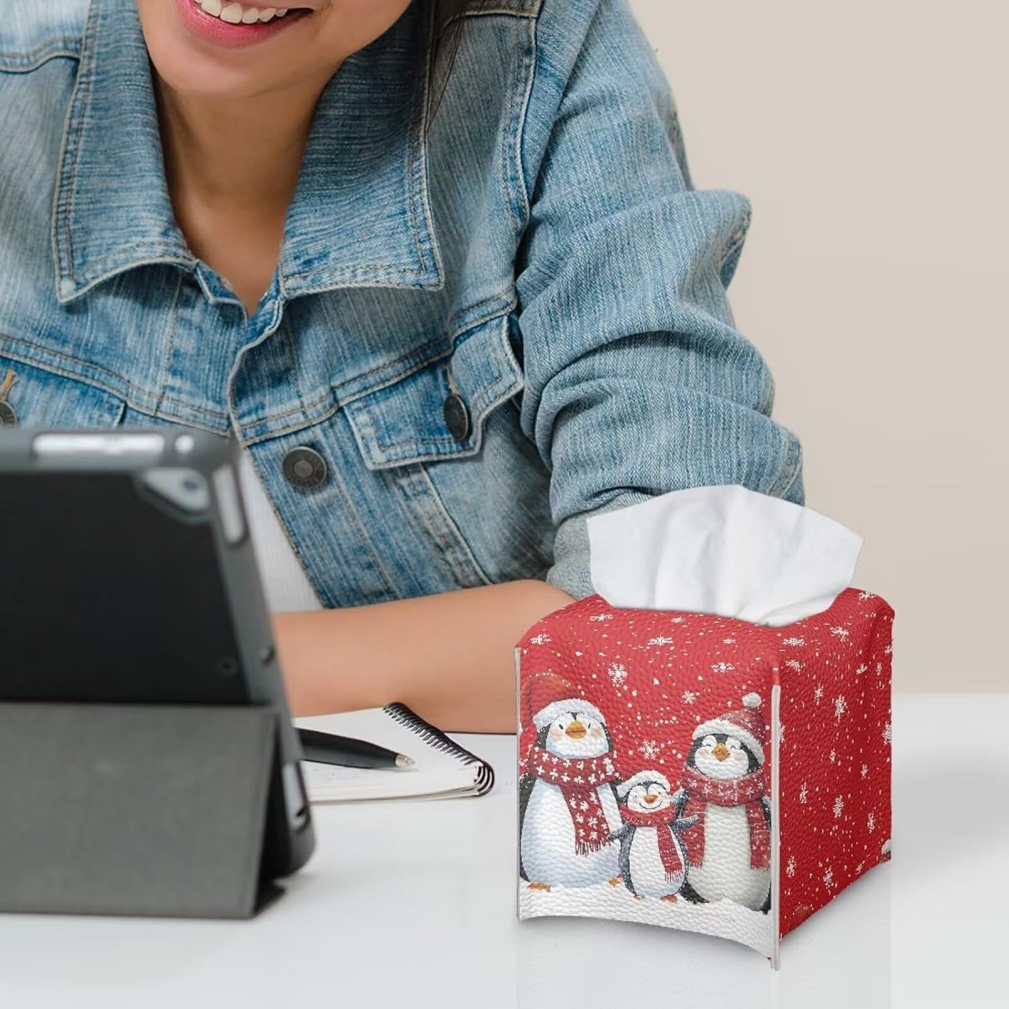 Christmas Tissue Box Cover Cute Penguin Tissue Box Square Red Tissue Box Holder with White Snowflake Fun Tissue Box for Office Bedroom Car Bathroom Xmas Decor