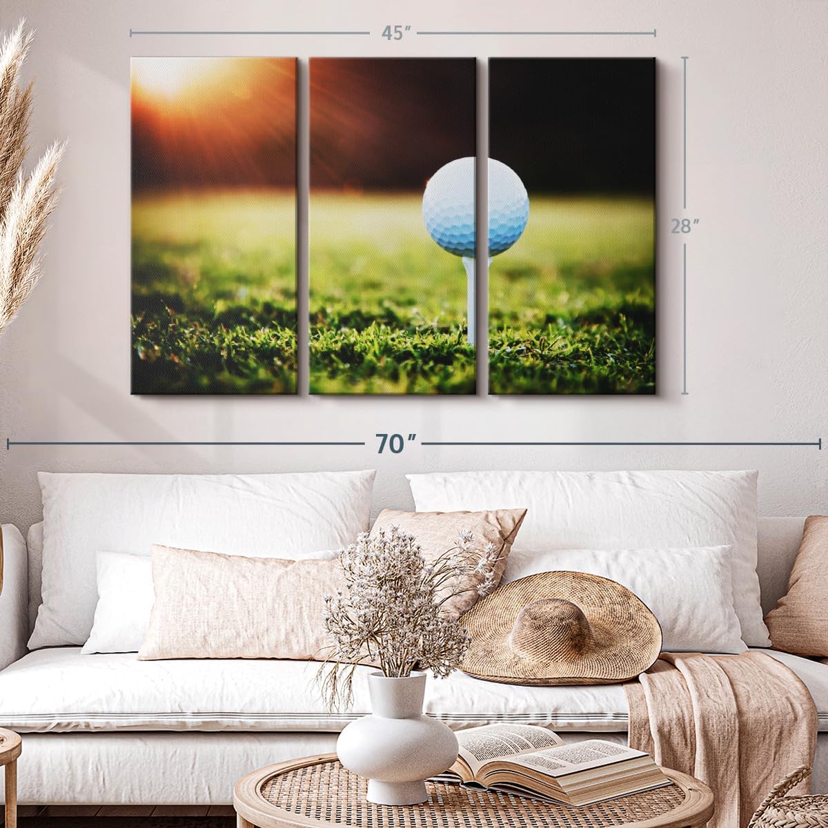 ElephantStock Golf Ball Tee Wall Art - Horizontal Canvas - 3-Piece Living Room Wall Decor - Photography Photographic Canvas Print - Black and White Decor for Wall - 45" X 28"