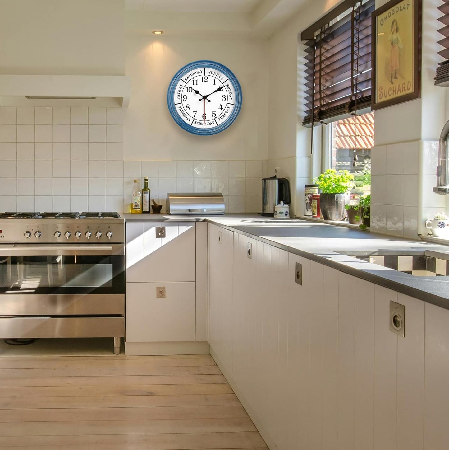 JENLYSTIME 12 Inch Retro Wall Clock,Classic Day of The Week Wall Clock,Silent Non Ticking Battery Operated Movement(Blue)