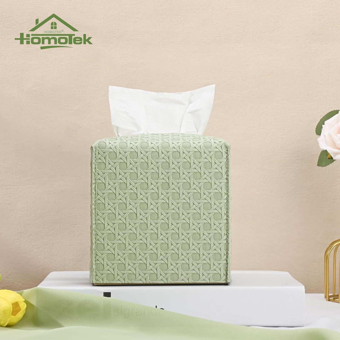 HOMOTEK 2 Pack Tissue Box Cover, Square PU Leather Tissue Holder, Decorative Facial Tissue Cube Paper Organizer Dispenser for Bathroom, Night Stands, Desk, Car 5X5X5'' - Rattan Weave,Mint Green