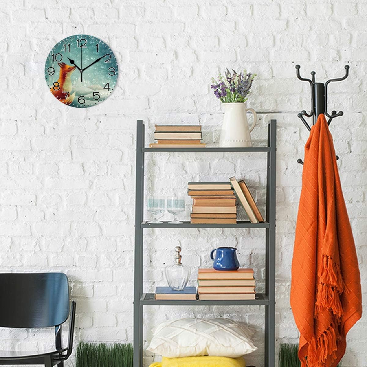 Red Fox Wall Clock Battery Operated Non Ticking Silent Quartz Analog Rustic Farmhouse Round Clock Retro Decor for Home Kitchen Living Room Bathroom