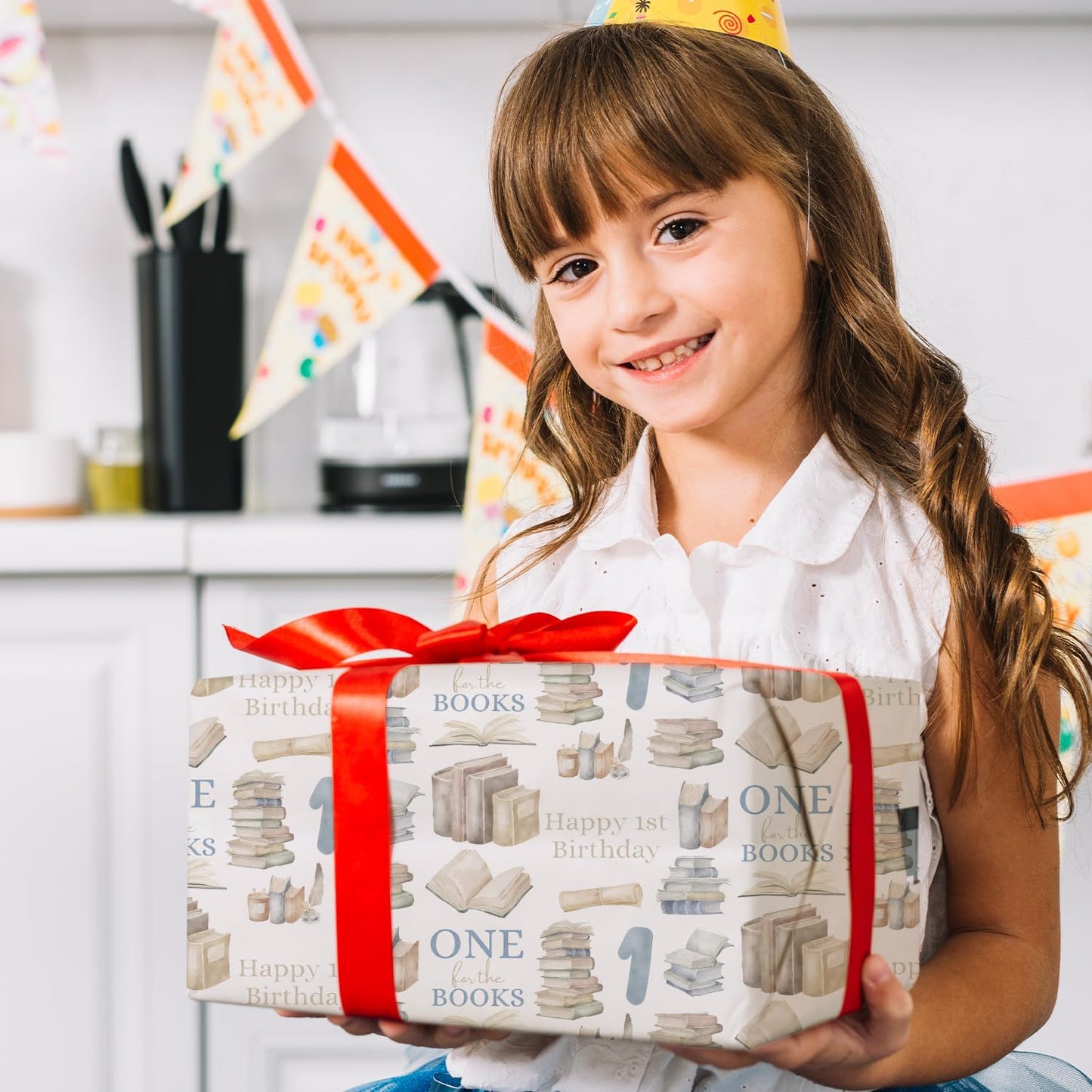 MJSXY Book Themed Party Decorations,1st Birthday Wrapping Paper,5 Sheets 19.6x27.5 Inch Wrapping Paper with Cute Books for Boy Girl First Birthday, Baby Shower Gifts