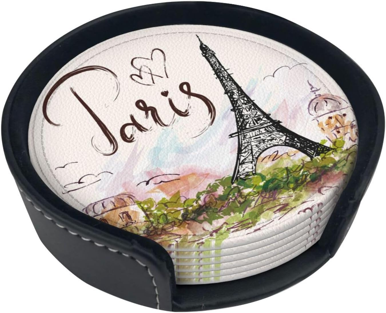 Pretty Paris Romantic Eiffel Tower Coasters for Drinks Round Leather Coaster with Holder Set of 6 for Tabletop Protection Desk Accessories Office Home Room Decor