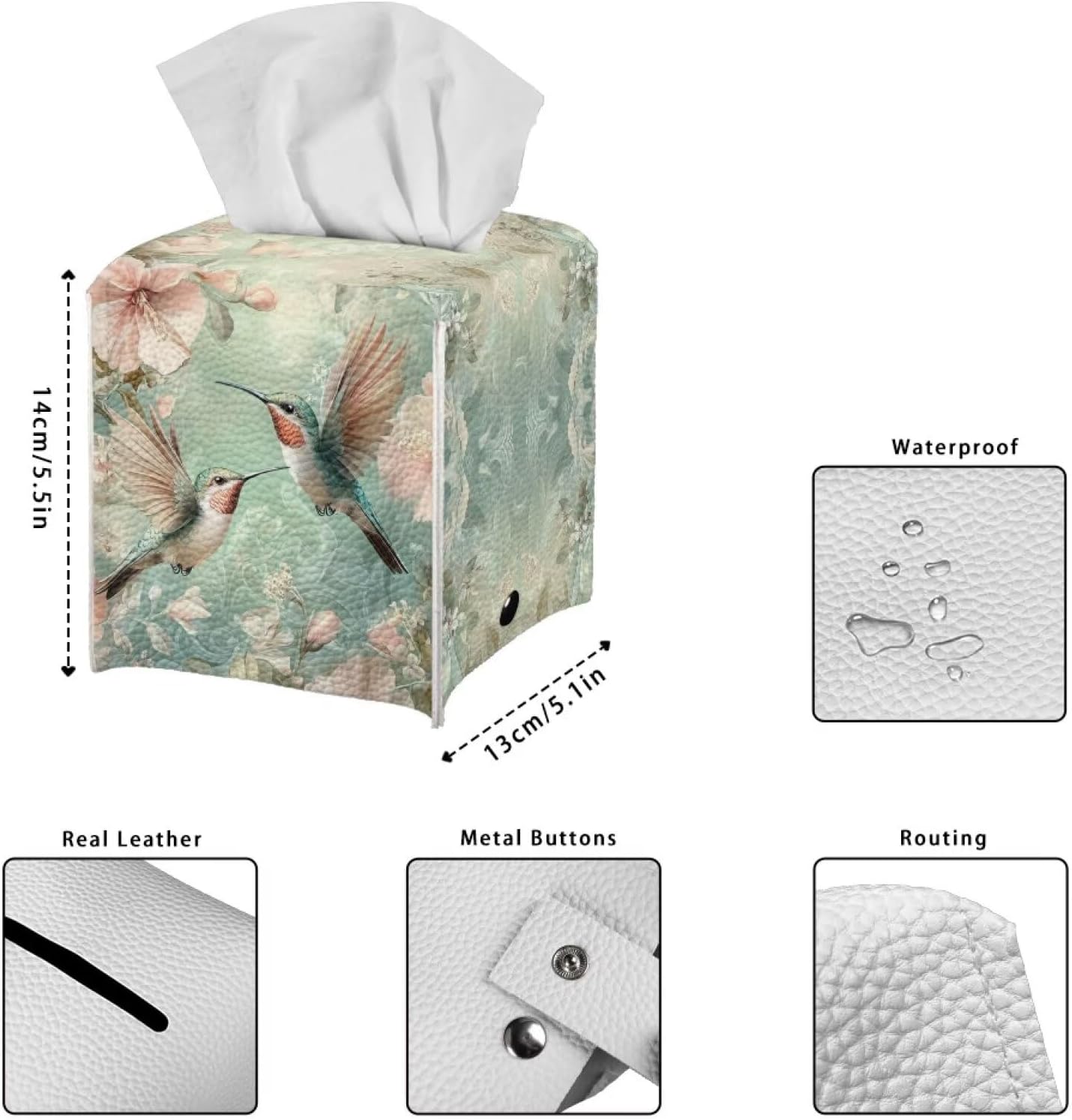 Square Tissue Box Cover PU Leather Tissue Box Holder 5x5x5 inch Waterproof Protective Cover for Modern Home Car Office Hotel Decor Hummingbird Pattern