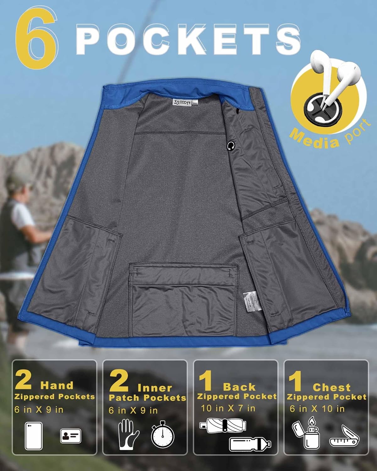 33,000ft Men's Windproof Lightweight Golf Vest Outerwear with Pockets, Softshell Sleeveless Jacket for Running Hiking Sports