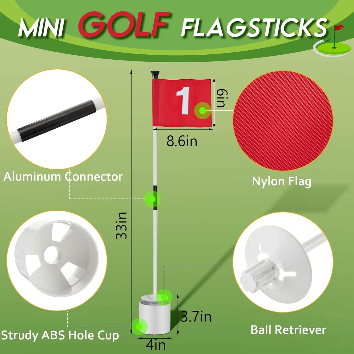 Lewtemi 3 Pcs Golf Flagstick Mini, Putting Green Flag for Yard, All 3 Feet, Detachable Golf Hole Cup, Portable 2 Section Fiberglass Sticks and Flag for Driving Range Backyard Gifts Idea
