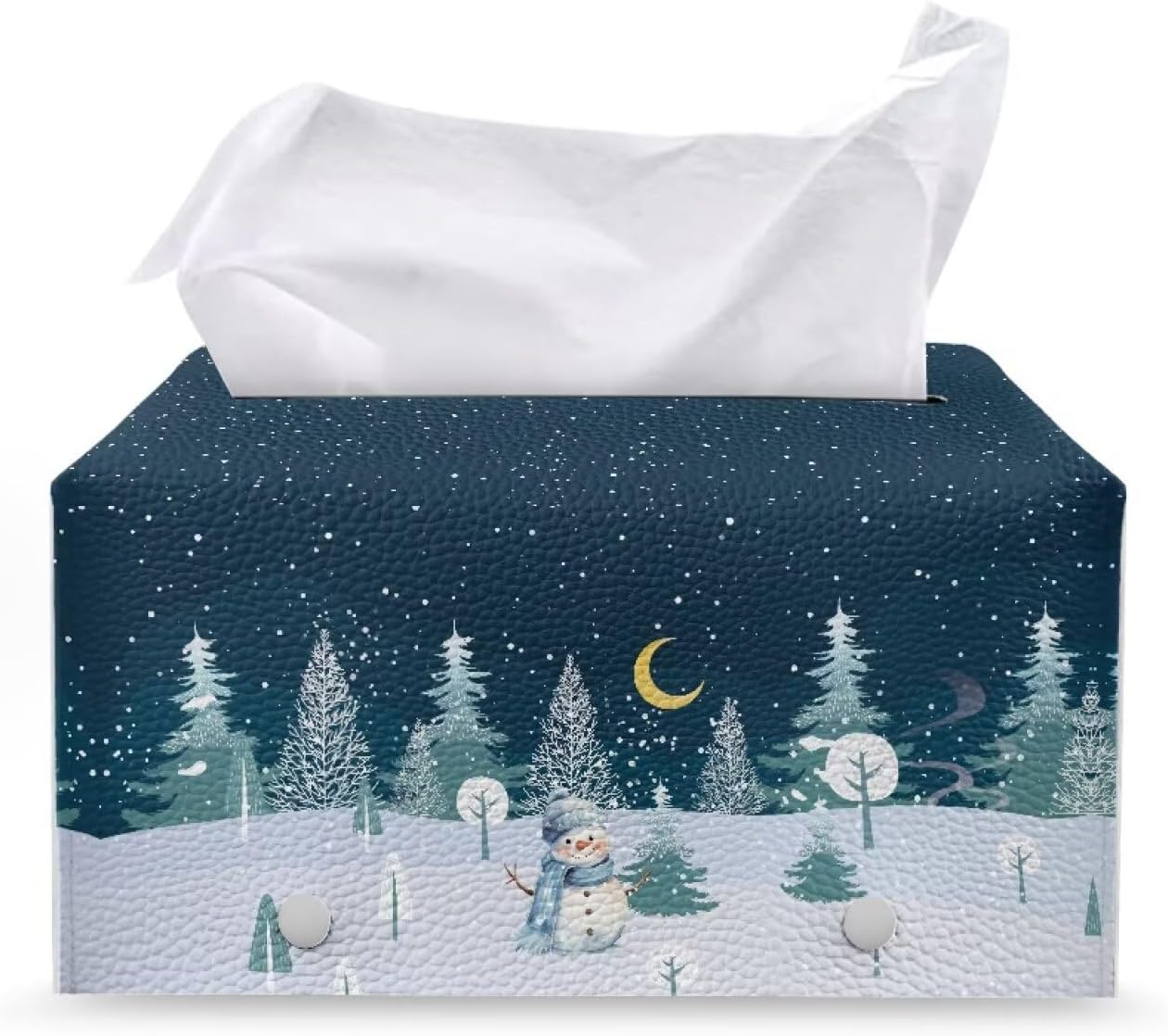 Winter Christmas Tree Snowman 9.7x5.2x5.12 Pu Leather Rectangle Tissue Box Modern Decorative Tissue Box Case Organizer Holder Practical Stable Tissue Box Organizer for Home