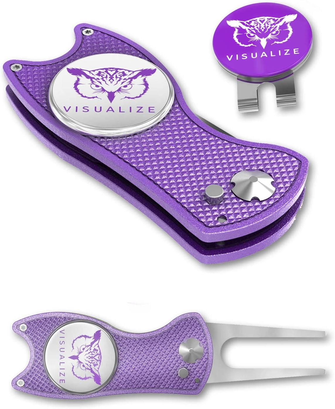 VISUALIZE Elite Switchblade Golf Divot Repair Tool Set with Ball Marker - Sturdy Anodized Aluminum - Perfect Golf Accessory Gift
