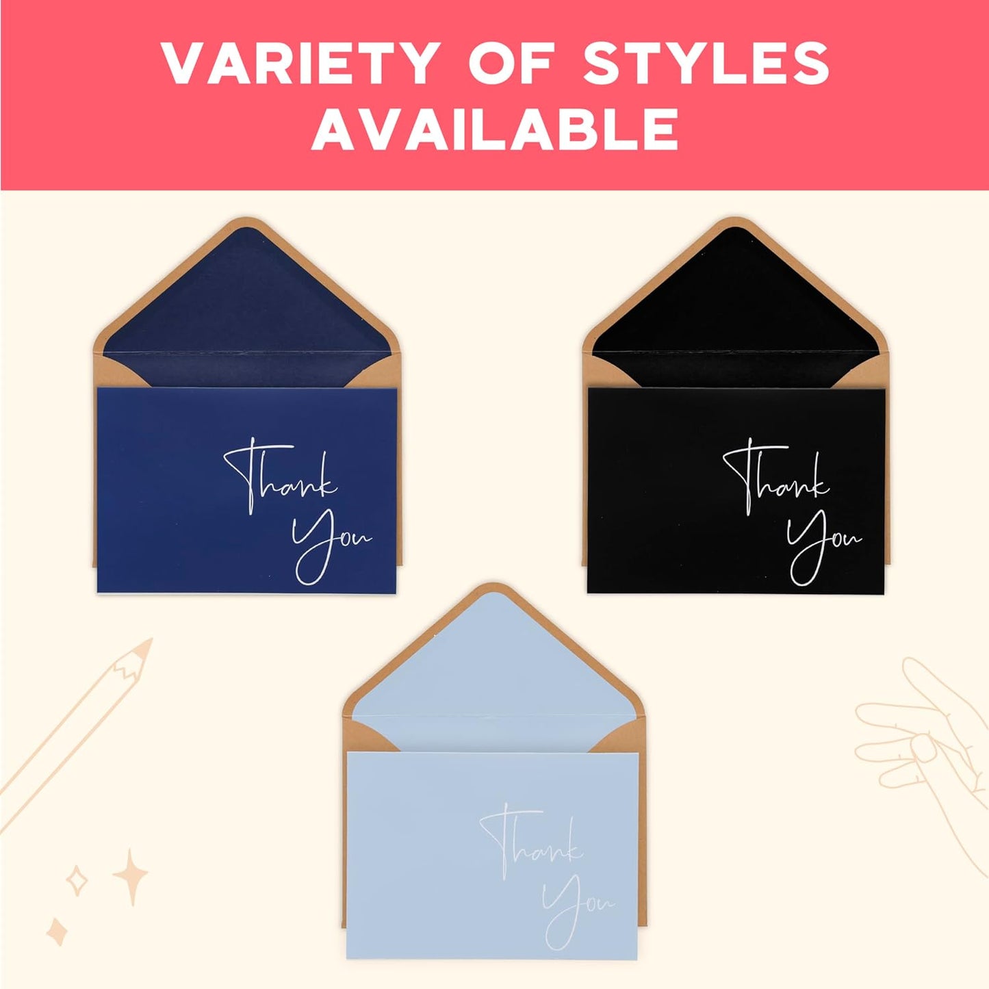 VNS Creations 20 Pack Thank You Cards With Envelopes, Stickers, 4x6 Inch Blank Thank You Notes - Bulk Box Set Large Notes for Graduation, Wedding, Small Business, Baby & Bridal Shower - Light Blue