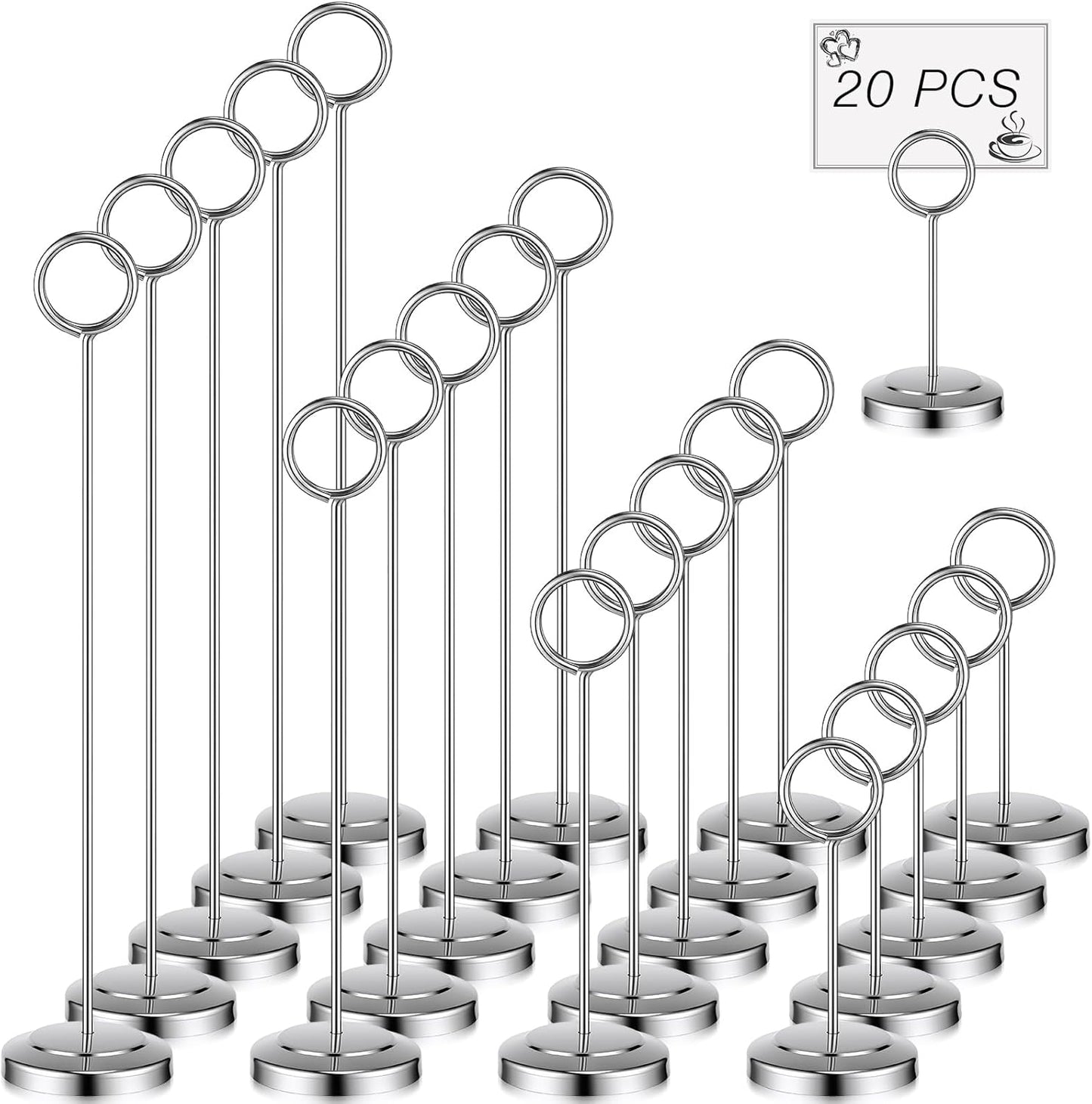 20 Pcs Table Number Holders 4/6/8/10 Inch Place Card Holder Stands Wire Photo Clips Metal Table Card Stands for Centerpieces, Photos, Food Signs, Birthdays, Weddings (Silver)