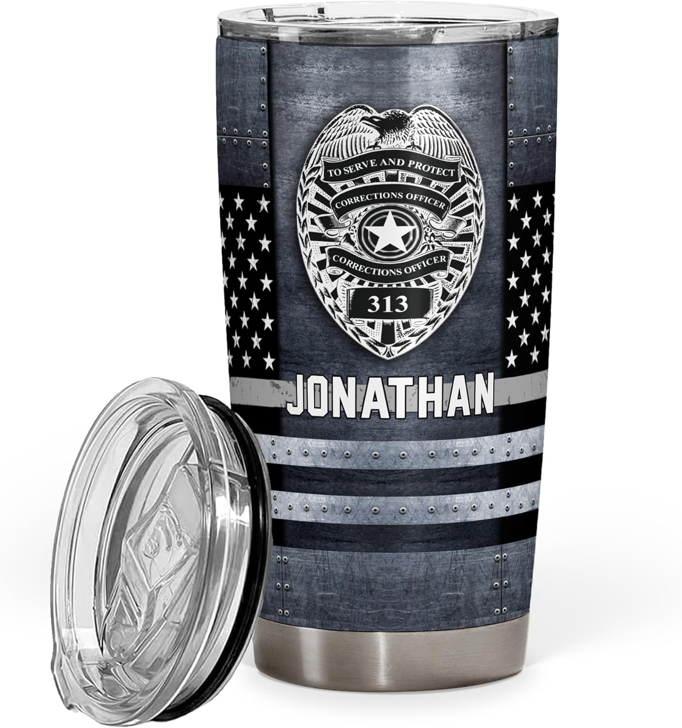 Custom Name Badge Correctional Officer - Thin Silver Grey Gray Line American Flag Coffee Tumbler - Patriot Pride Gifts - Corrections Officer Police Gifts - Tumbler With Lid