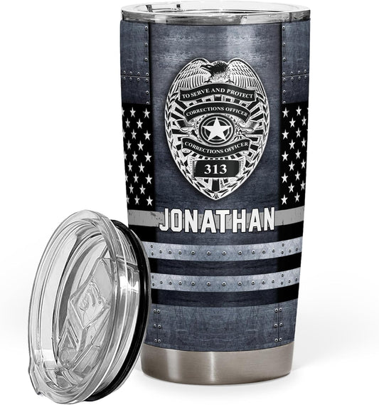 Custom Name Badge Correctional Officer - Thin Silver Grey Gray Line American Flag Coffee Tumbler - Patriot Pride Gifts - Corrections Officer Police Gifts - Tumbler With Lid